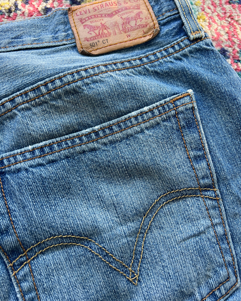 Close-up of Levi's brand label on a pair of blue jeans.
