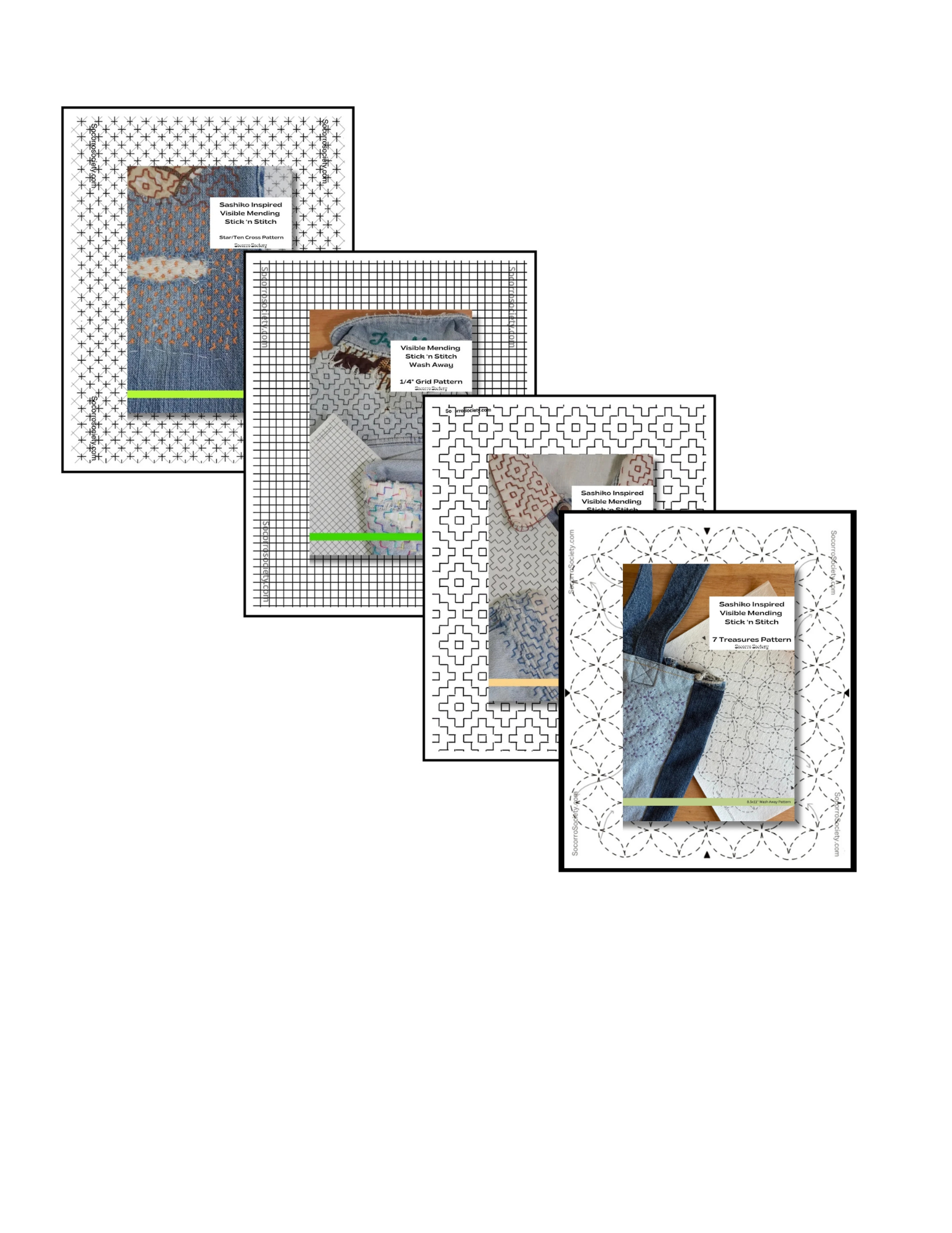 Sashiko Inspired Mending Stick and Stitch Pattern Bundle- 4 Full