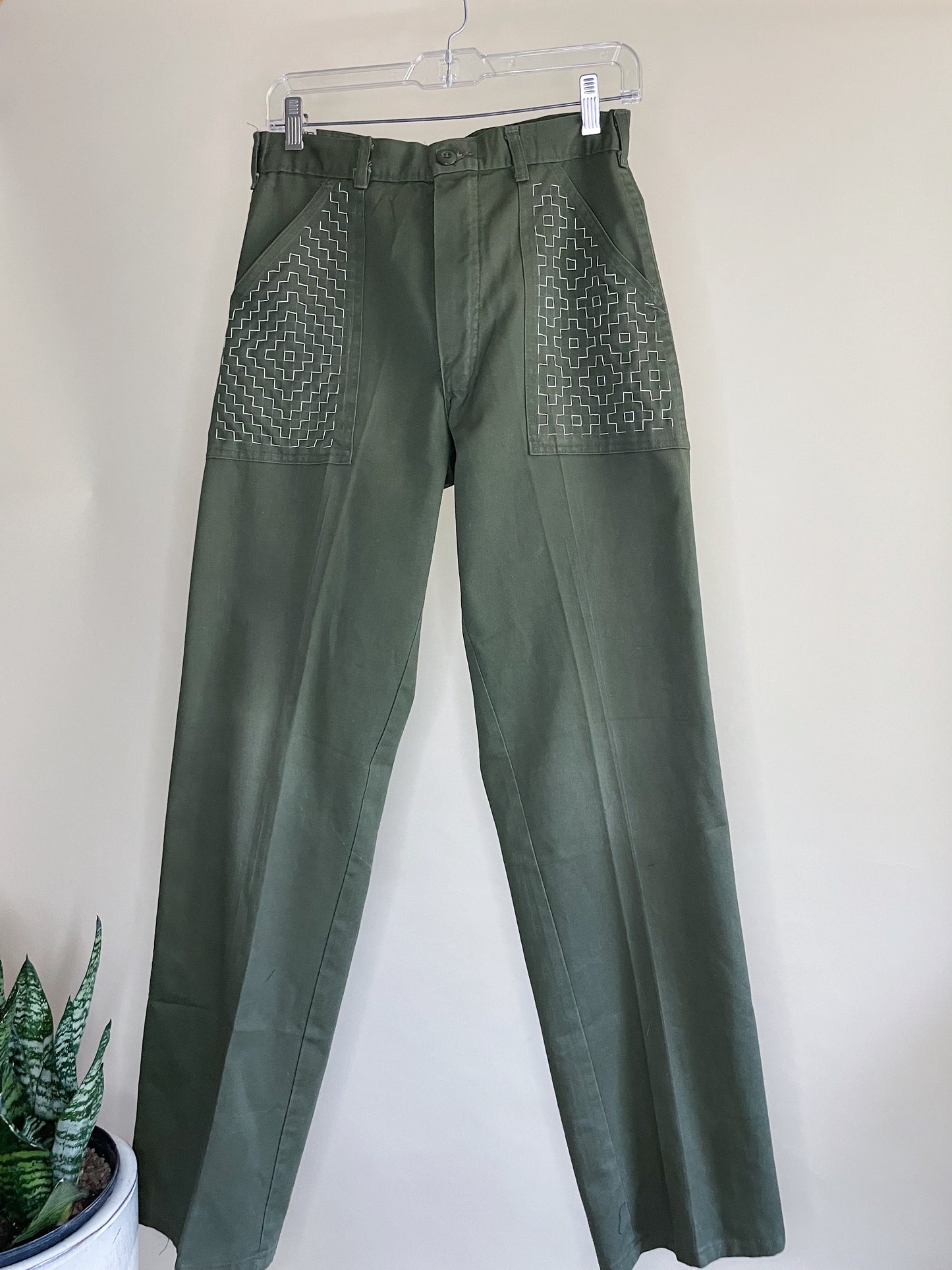 28" Waist 1960's Military Issued Olive Pants with Sashiko Embroidery - S/M