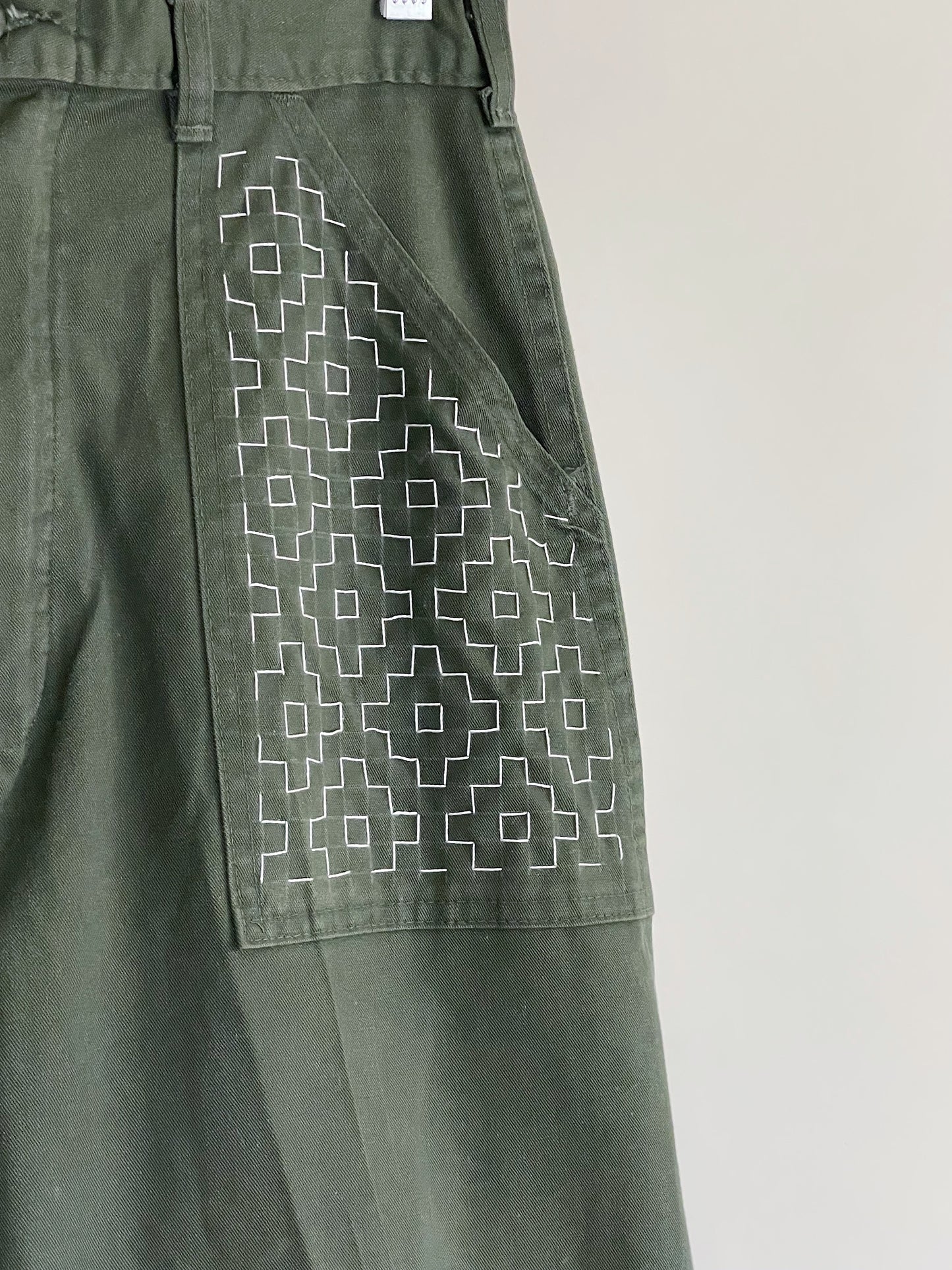 28" Waist 1960's Military Issued Olive Pants with Sashiko Embroidery - S/M