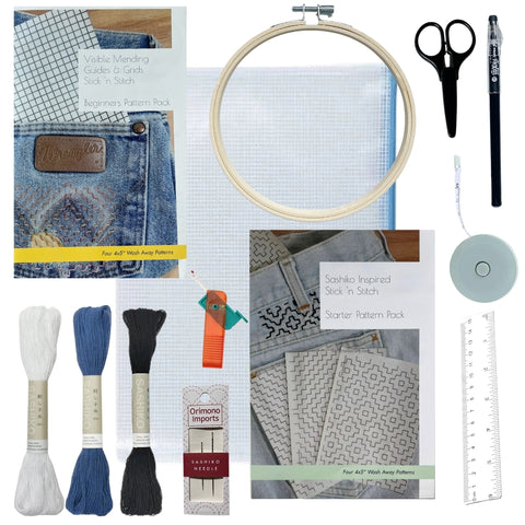 Visible Mending Beginners Kit with Sashiko Embroidery Booklet and Tools